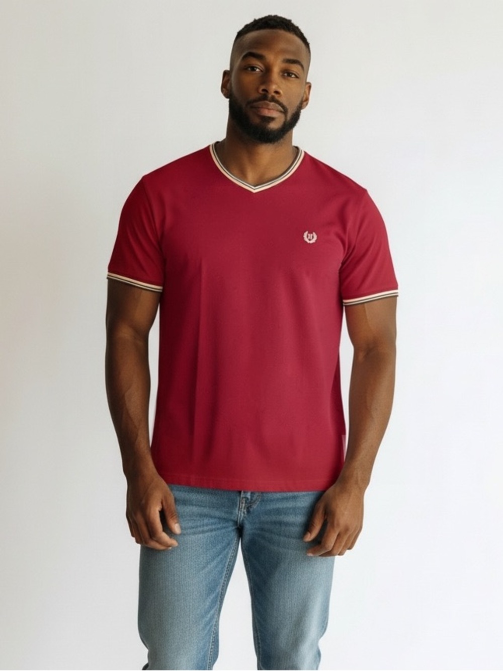RRH London Men’s Burgundy V-Neck Polo T-Shirt Size L – Contrast Trim Casual Y2K